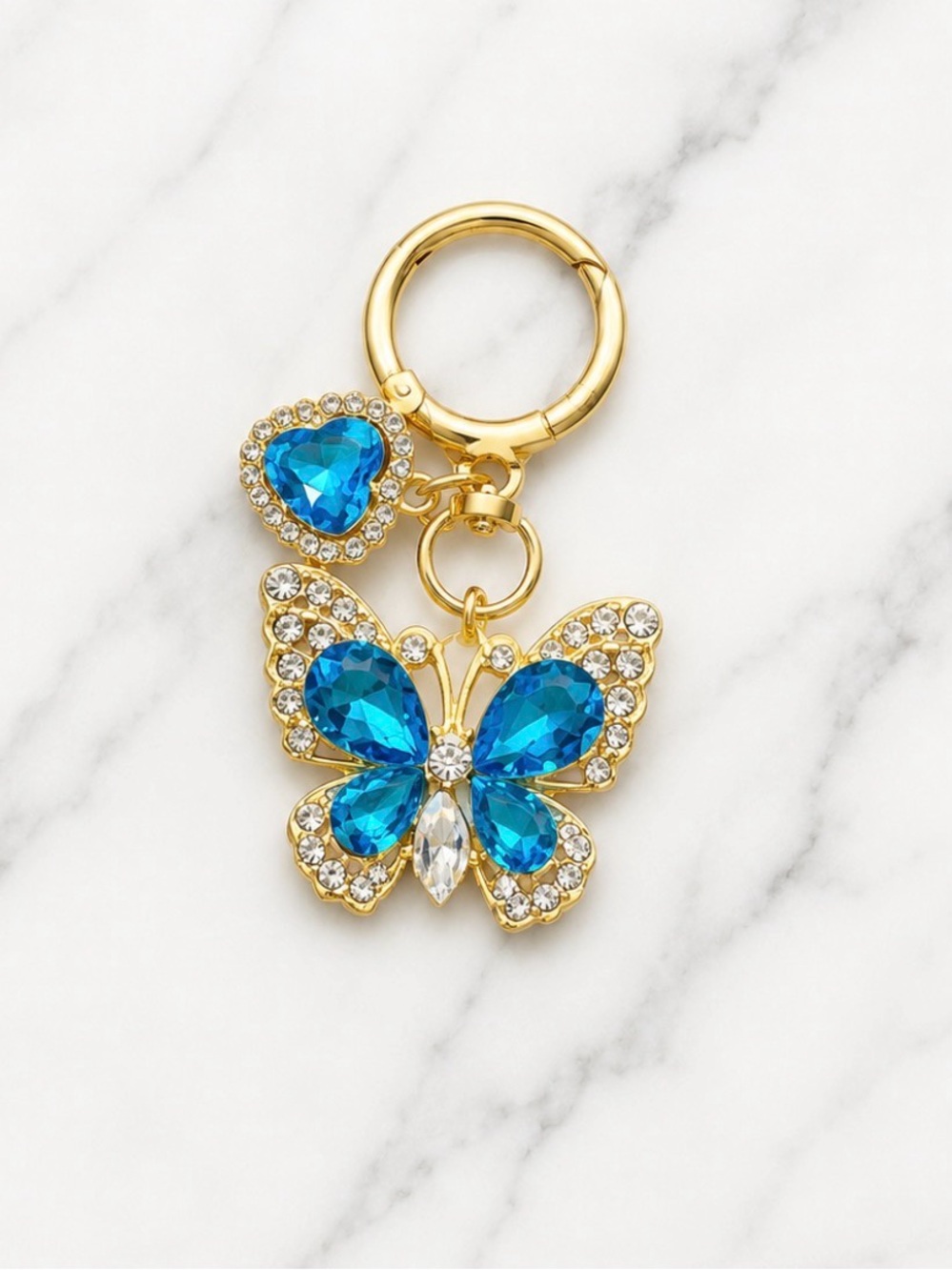 Blue Rhinestone Butterfly Bag Charm/Keyring on Gold Hardware